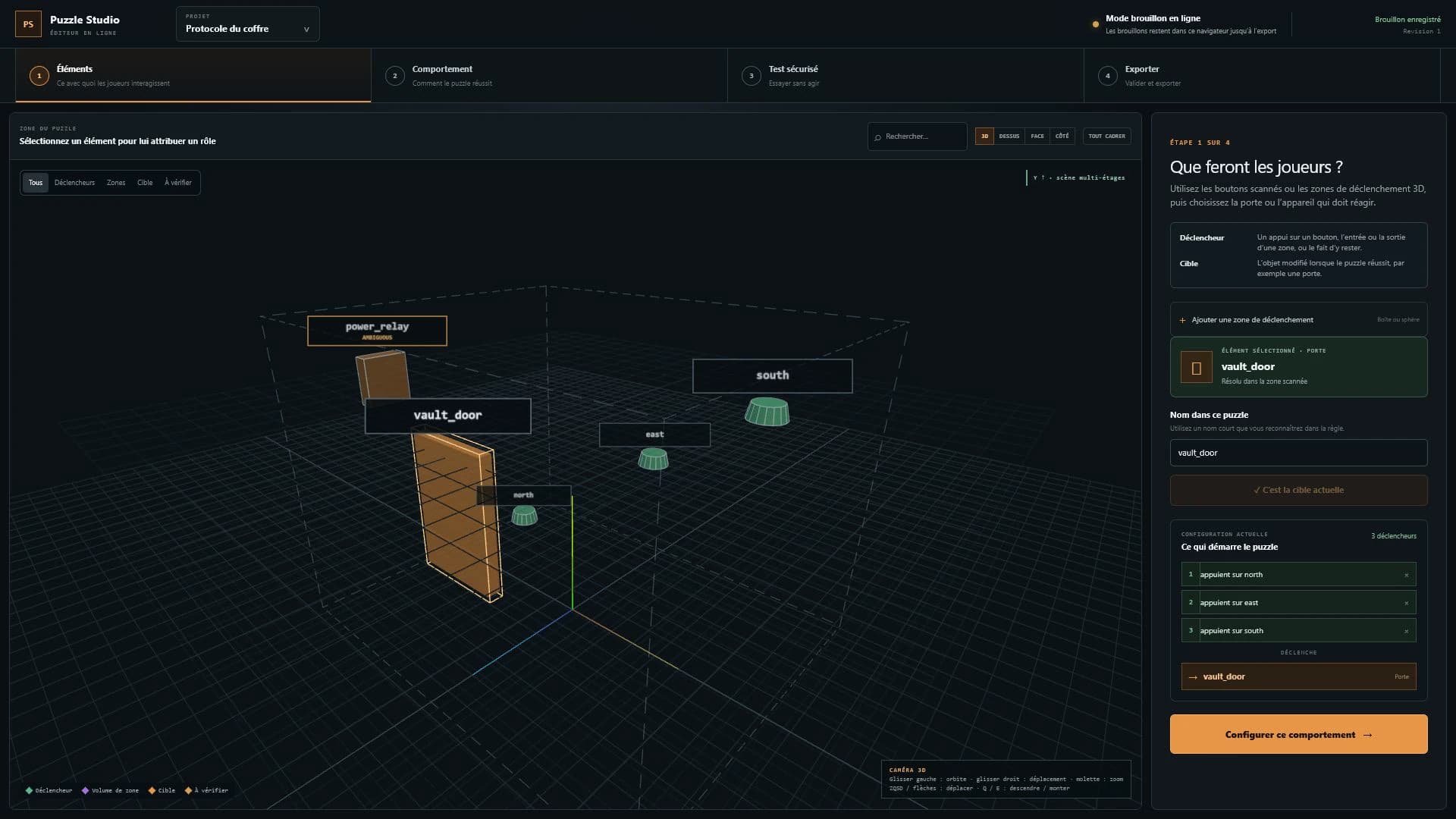 Étape Éléments de Puzzle Studio montrant une scène 3D avec déclencheurs, zone et cible