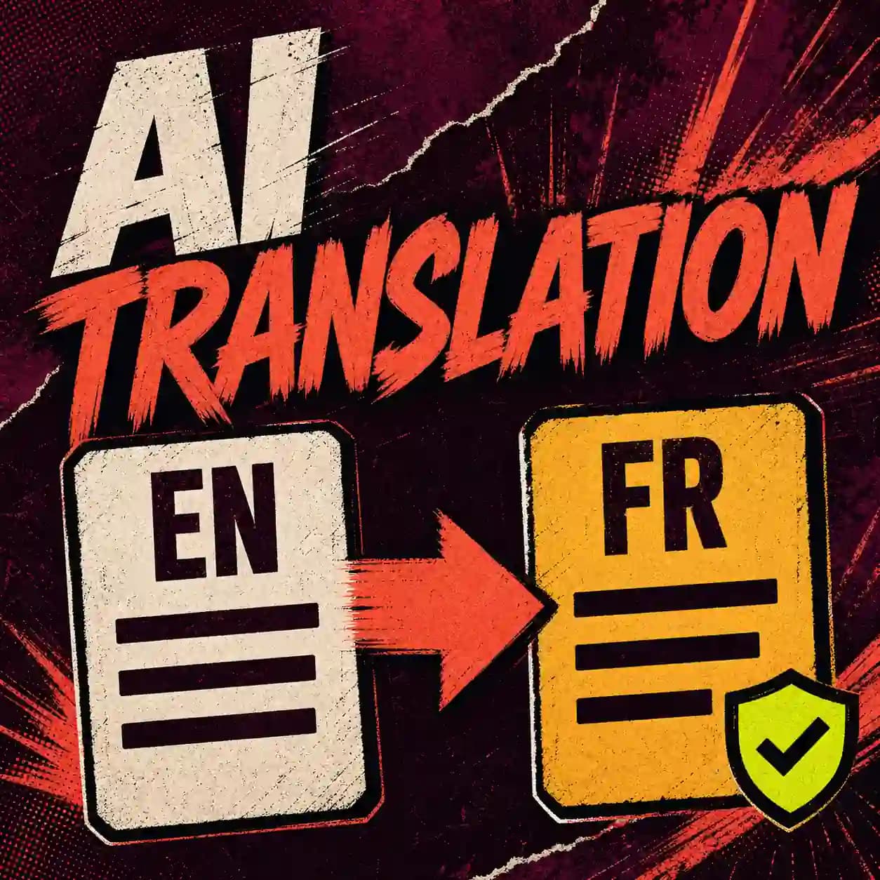 Cover AI Translation Free montrant un fichier anglais converti en fichier français validé