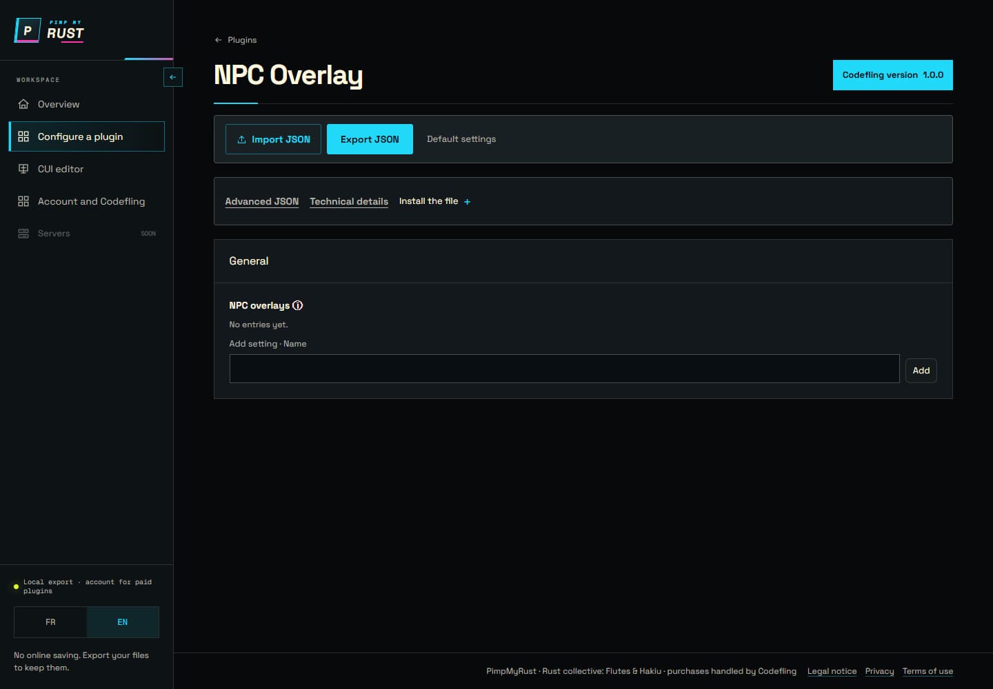 Actual NPC Overlay 1.0.0 Hub configuration on desktop, with the default empty NPC registry