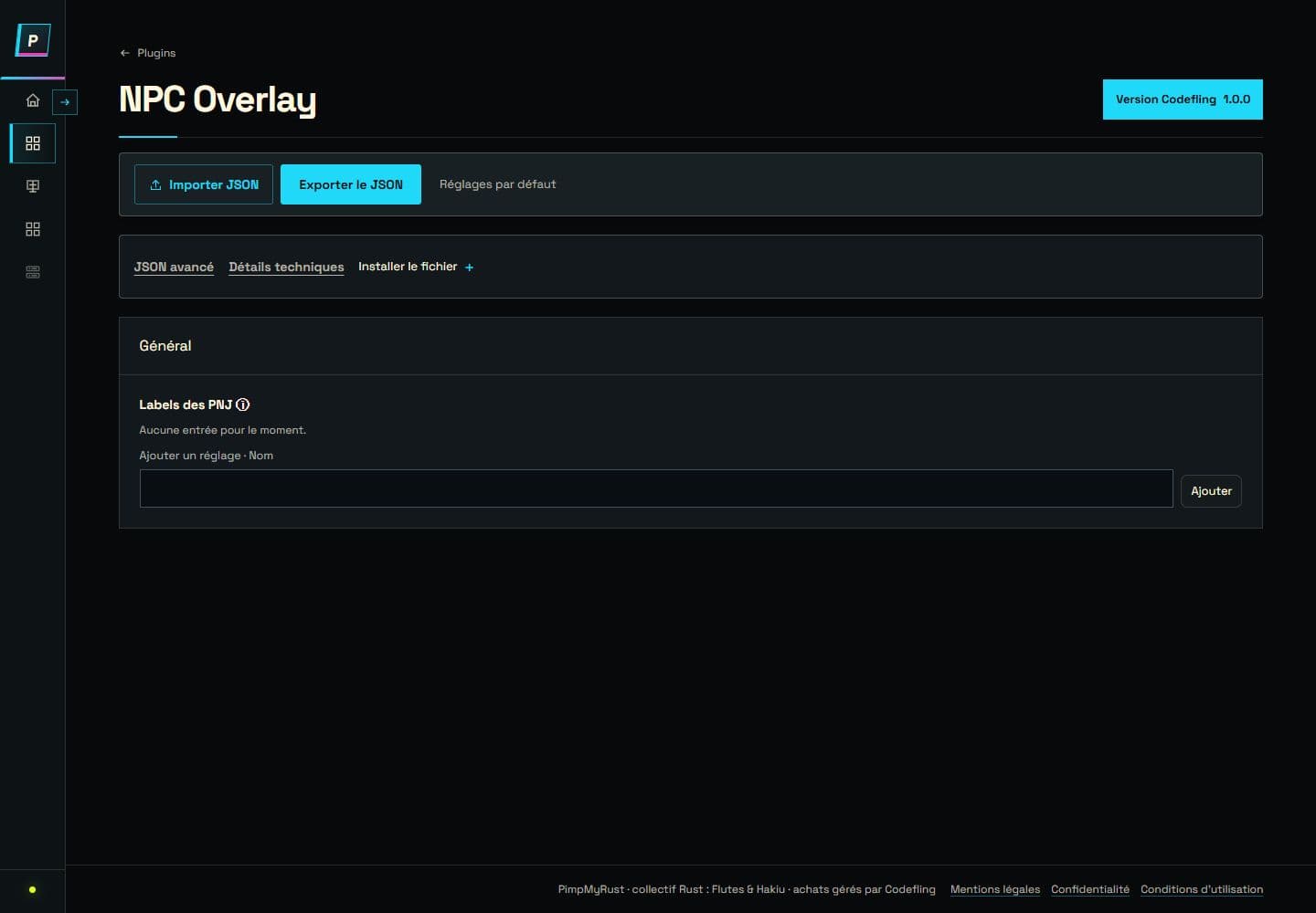 Configuration réelle NPC Overlay 1.0.0 sur ordinateur, avec le registre de PNJ vide par défaut