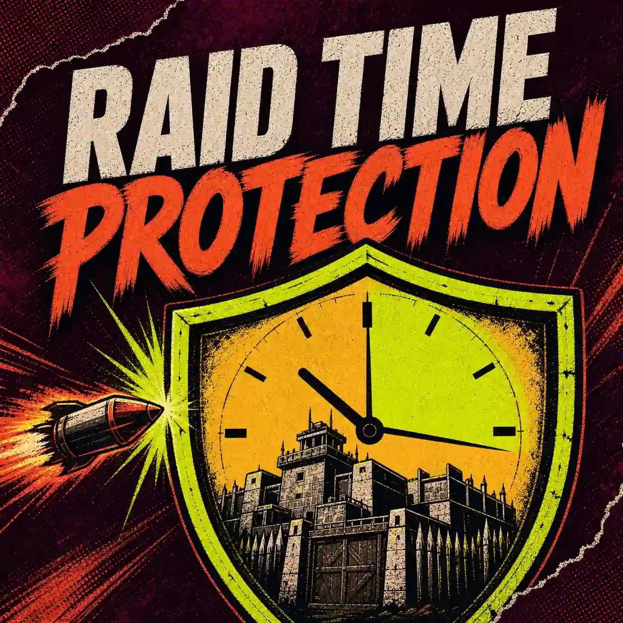 Cover Raid Time Protection montrant un bouclier-horloge au-dessus d’une base