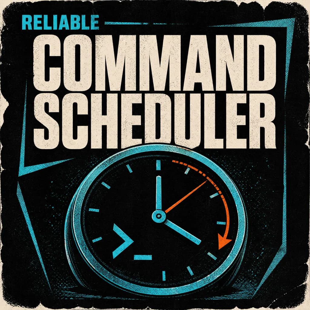 Cover Reliable Command Scheduler montrant une horloge de commande planifiée