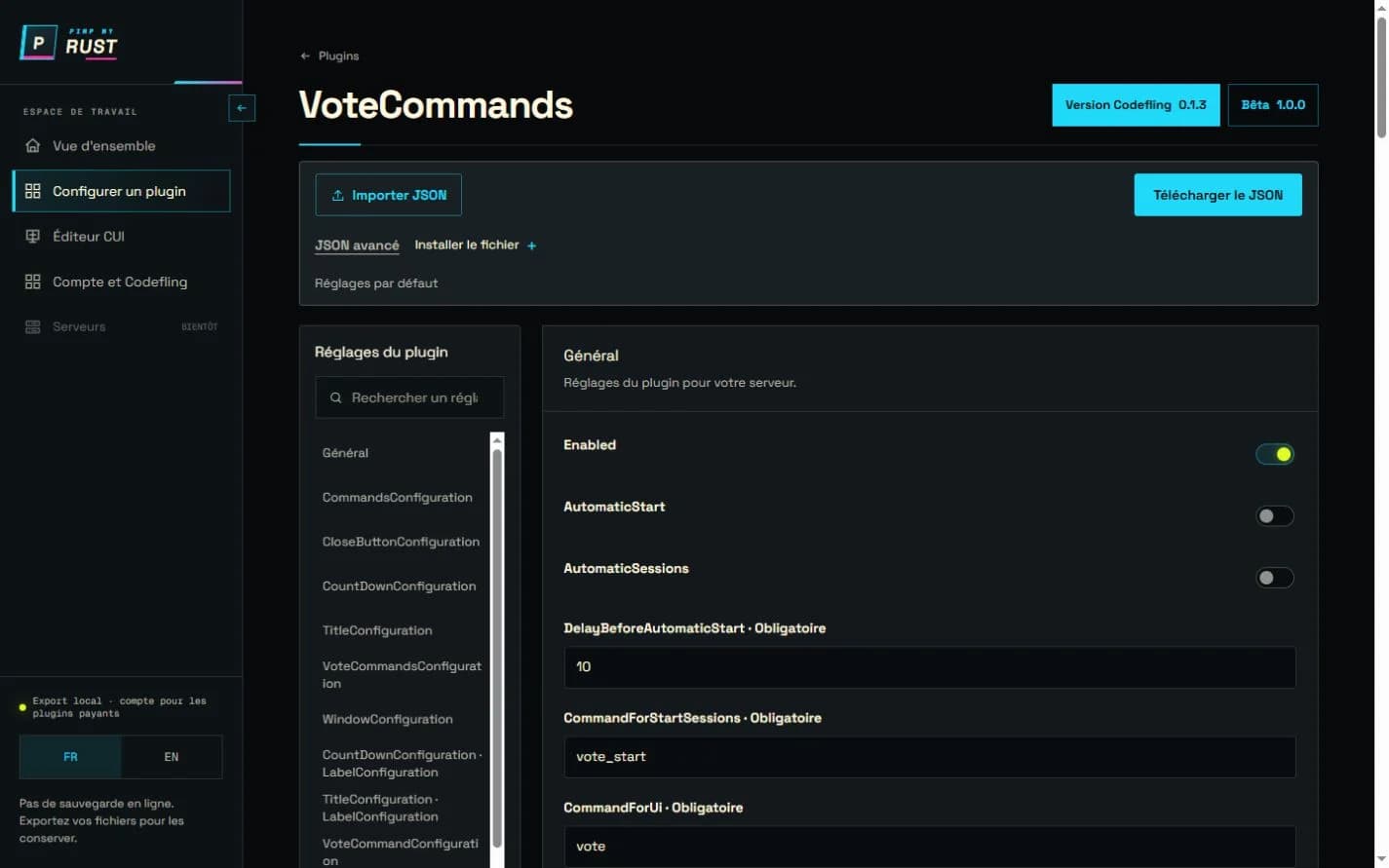 Écran de configuration de VoteCommands dans le Hub PimpMyRust
