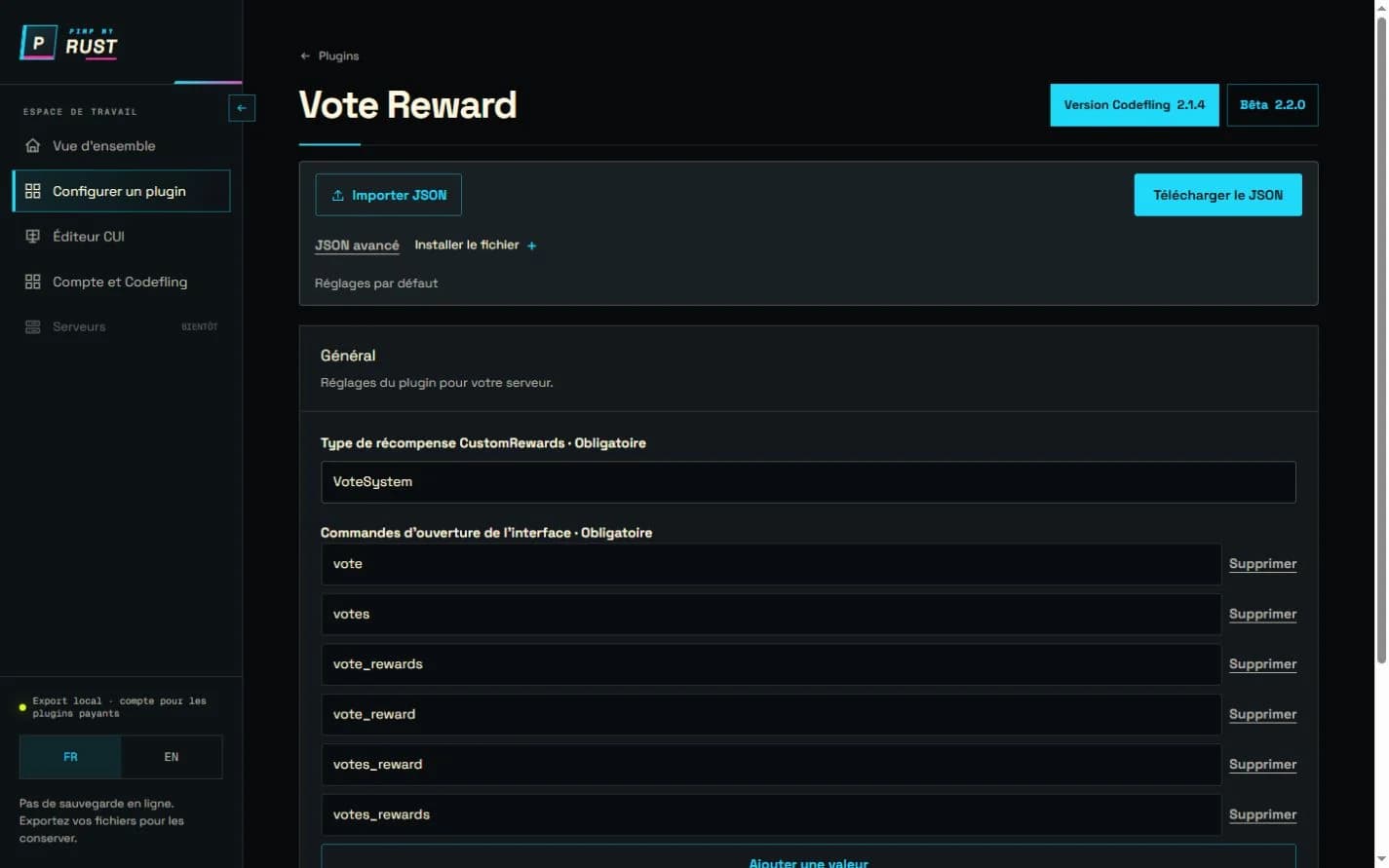 Écran de configuration de Vote Reward dans le Hub PimpMyRust