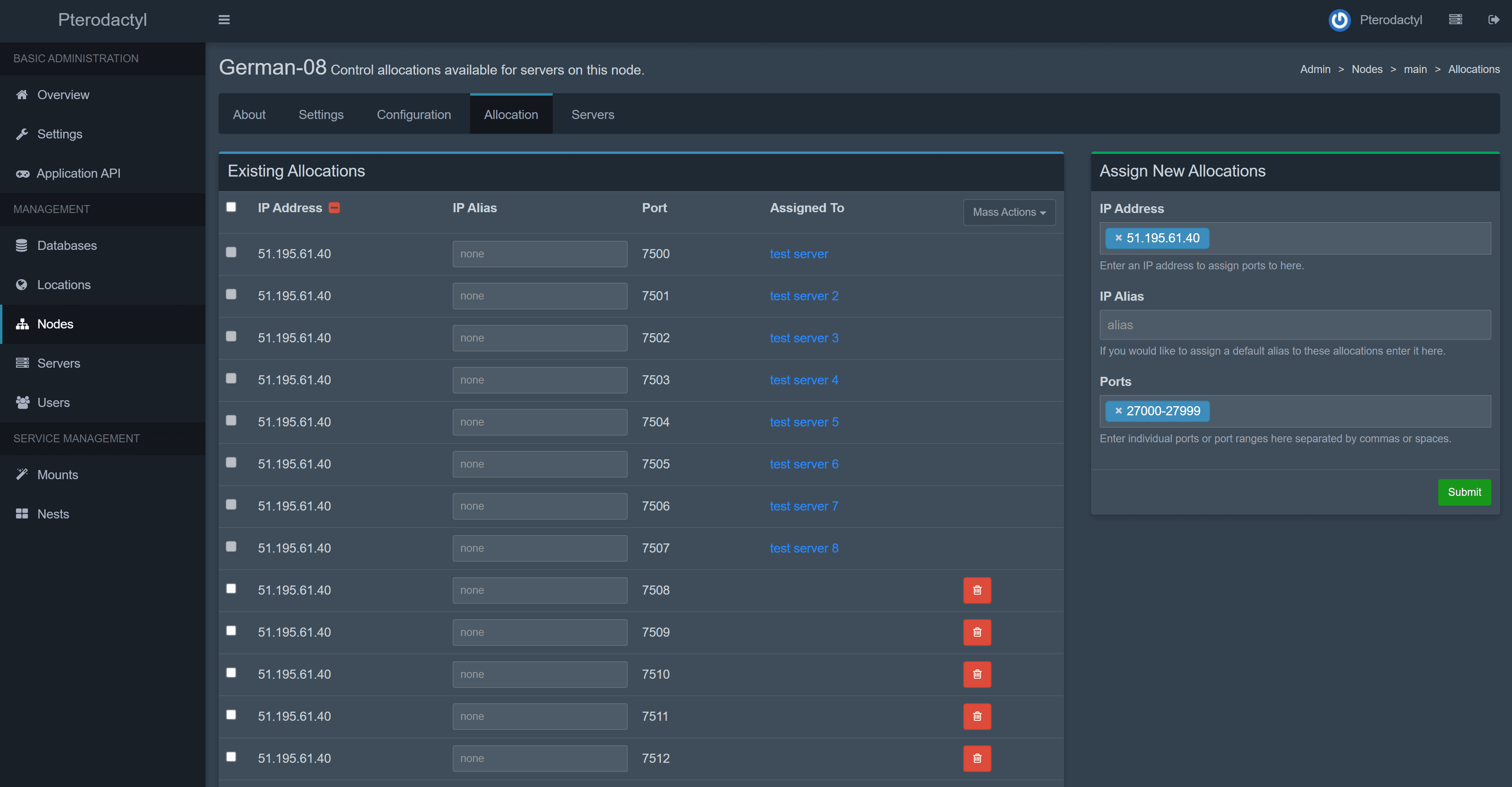 Allocations d’un node et champs IP/ports dans Pterodactyl
