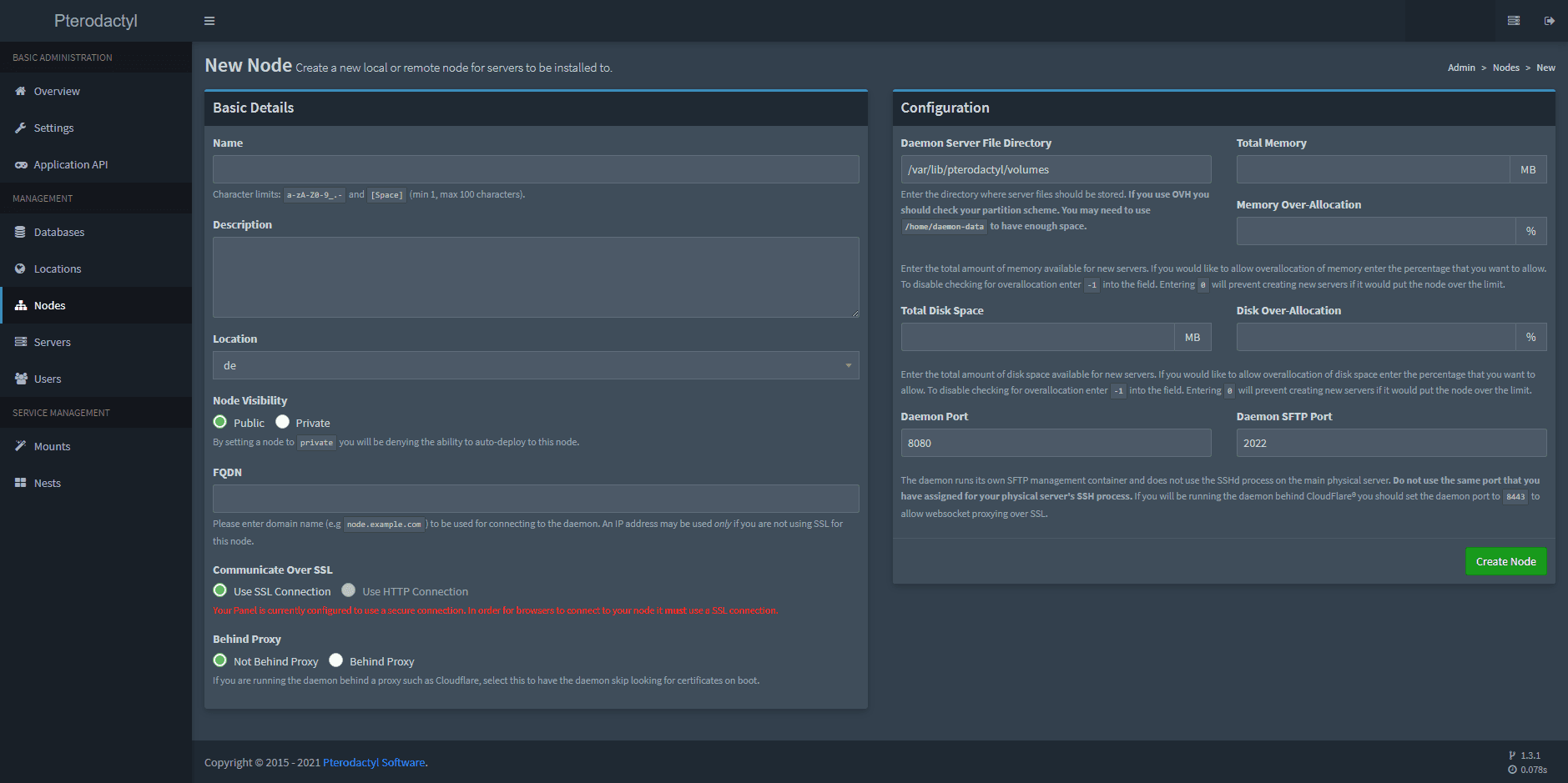 Formulaire de création de node dans la documentation officielle Pterodactyl