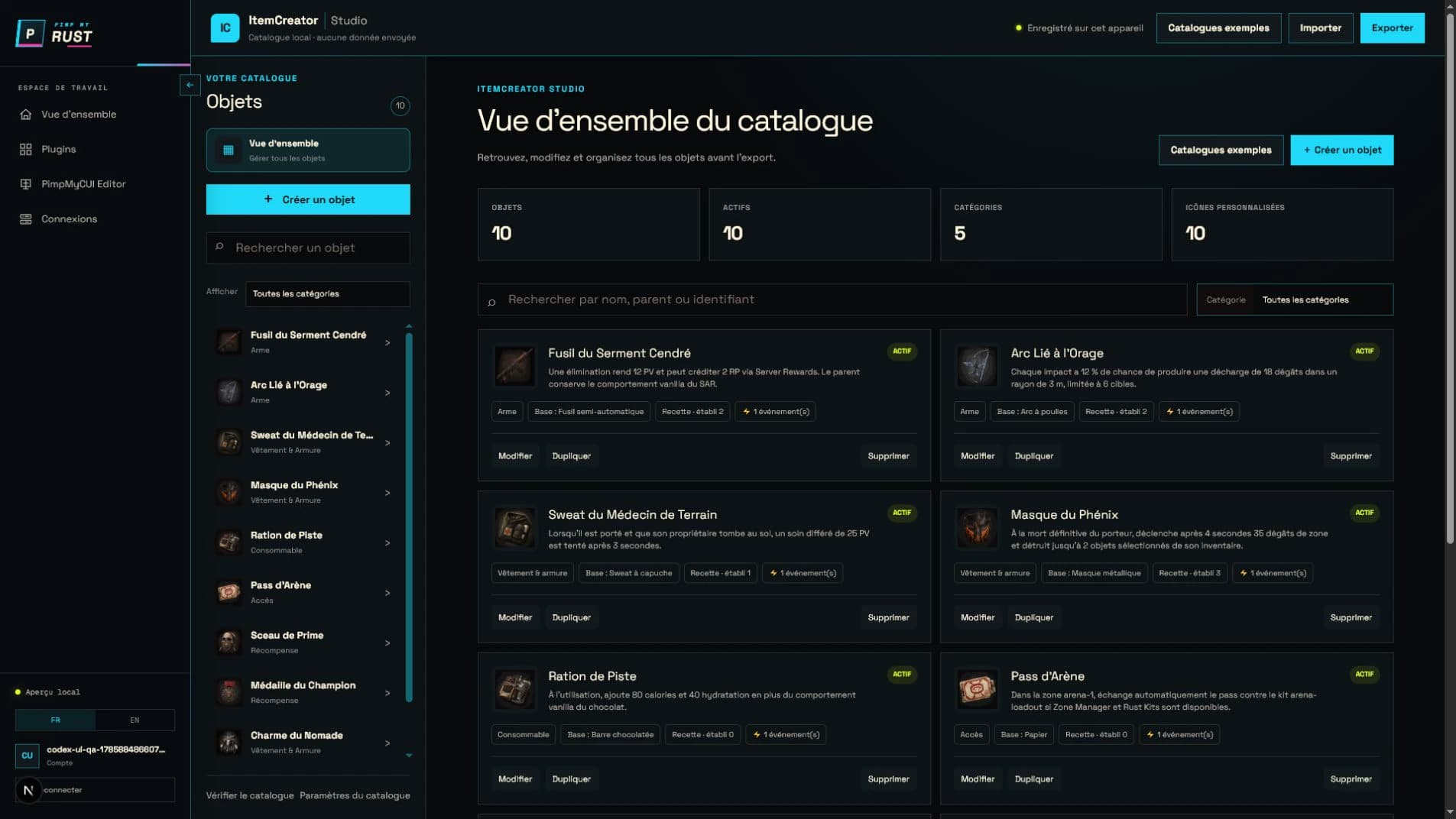 Vue d’ensemble ItemCreator montrant le catalogue Objets à effets & intégrations