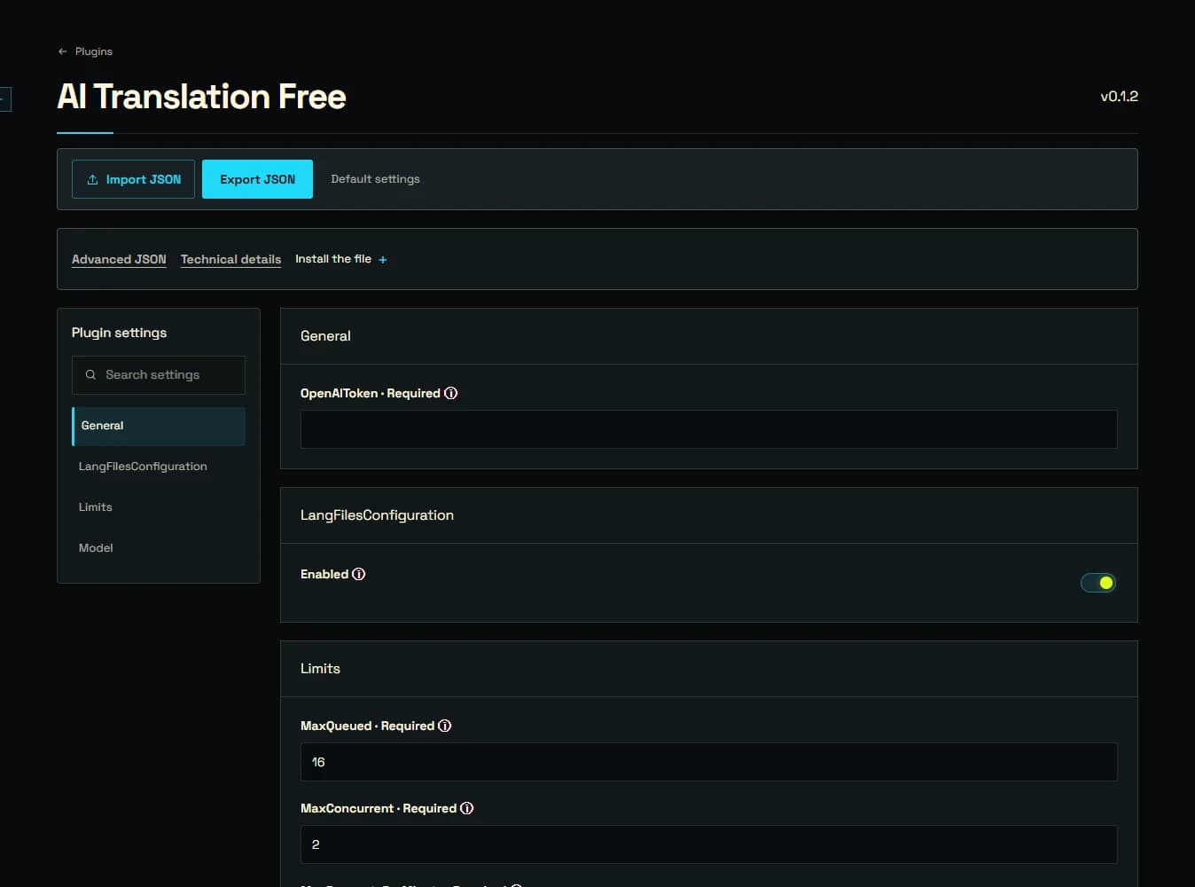 AI Translation Free settings in the configurator