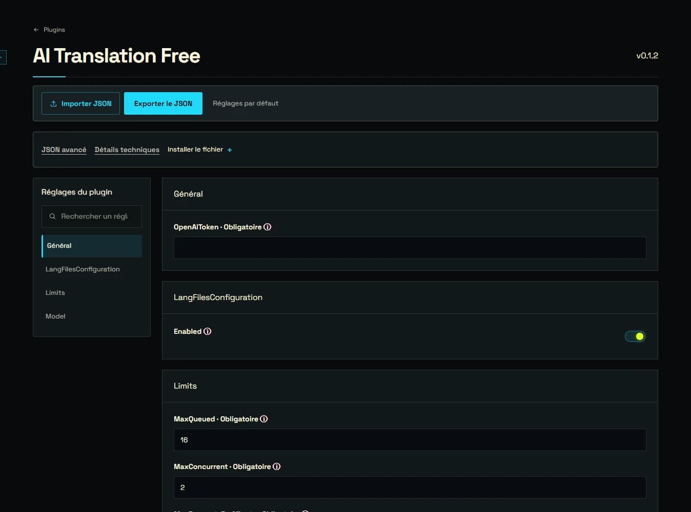 Les réglages d’AI Translation Free dans le configurateur