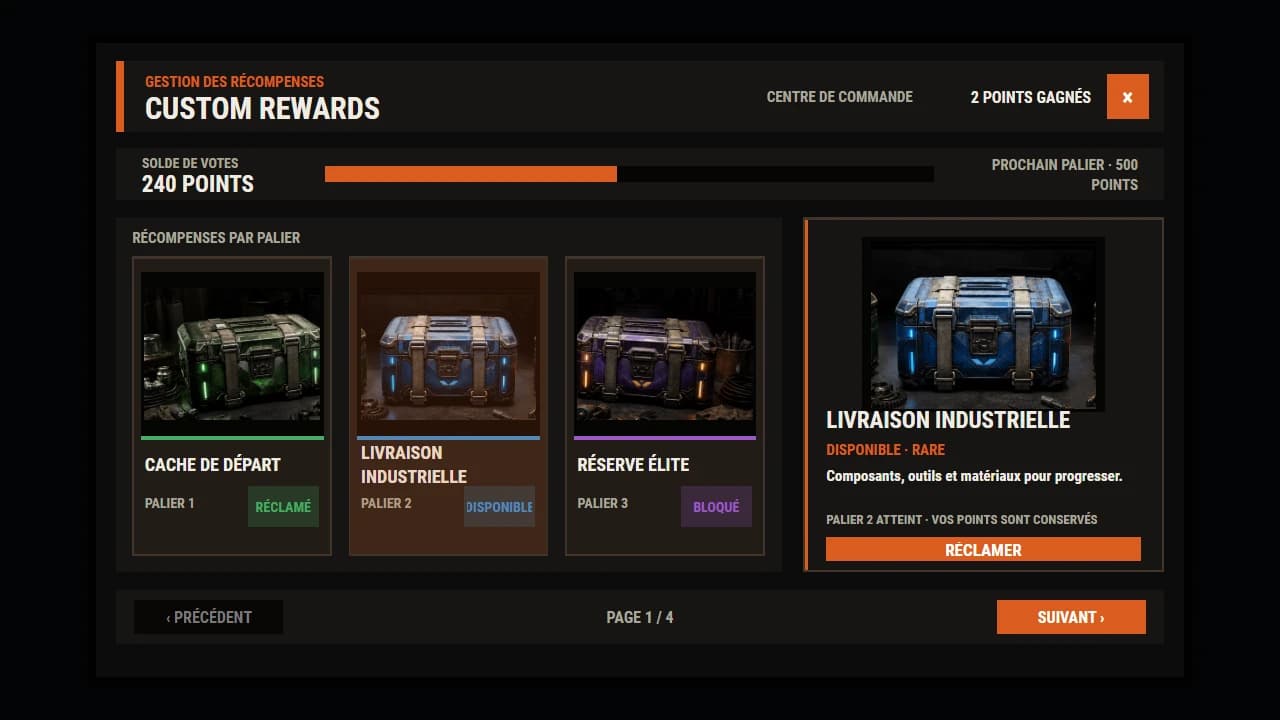 Aperçu du modèle CUI Command Center de Custom Rewards, avec catalogue et navigation.