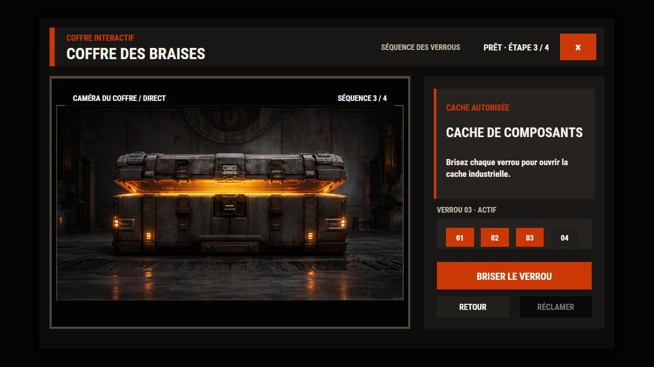 Aperçu du modèle CUI Coffre interactif de Custom Rewards, avec image et boutons.