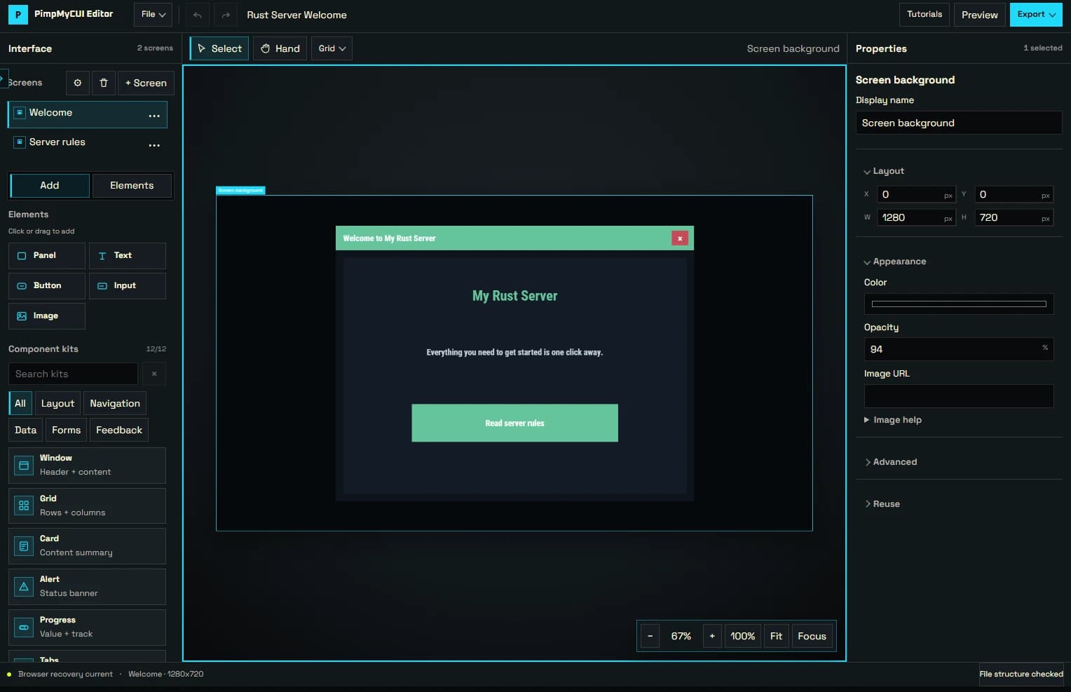 PimpMyCUI Editor: components, two screens and interface properties.