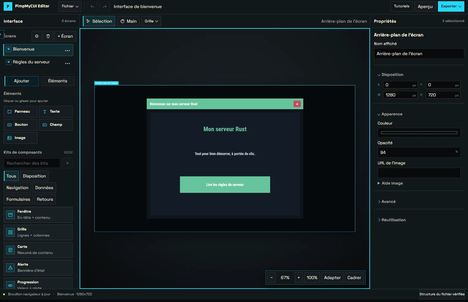 PimpMyCUI Editor : composants, deux écrans et propriétés de l’interface.