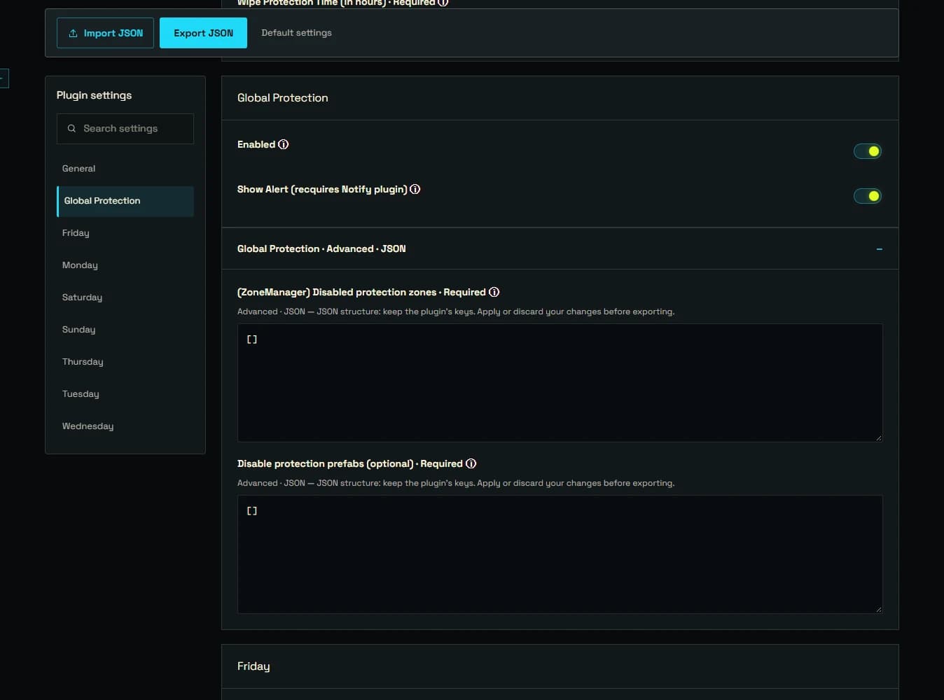 Raid Time Protection: settings sections and advanced JSON fields.