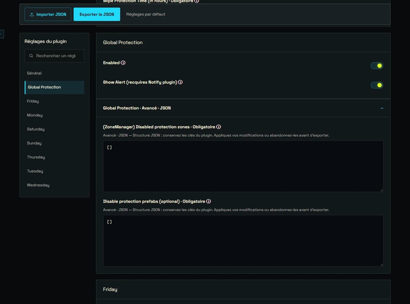 Raid Time Protection : sections de réglages et champs JSON avancés.