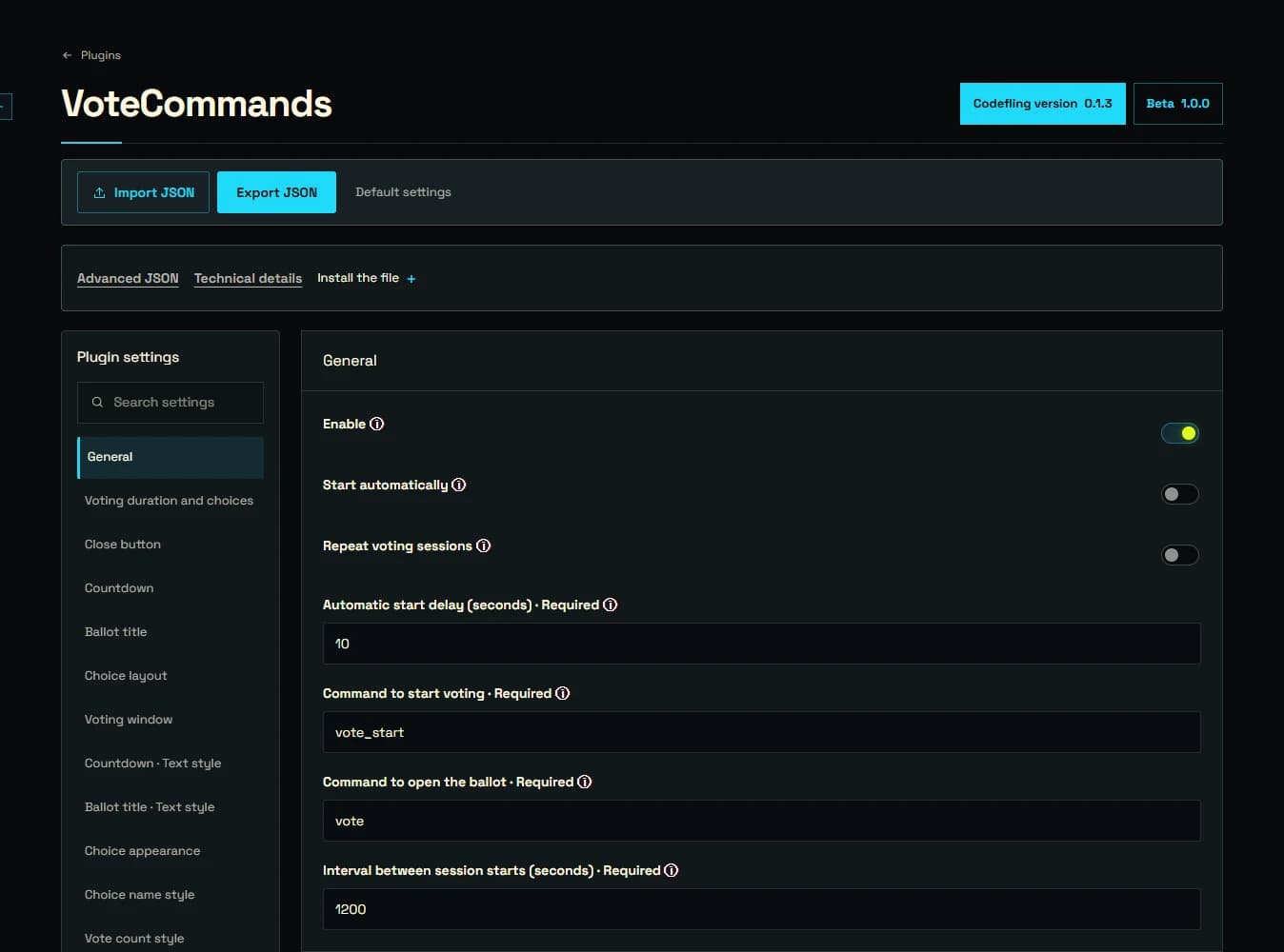 VoteCommands: JSON import and export, version selection and general settings.