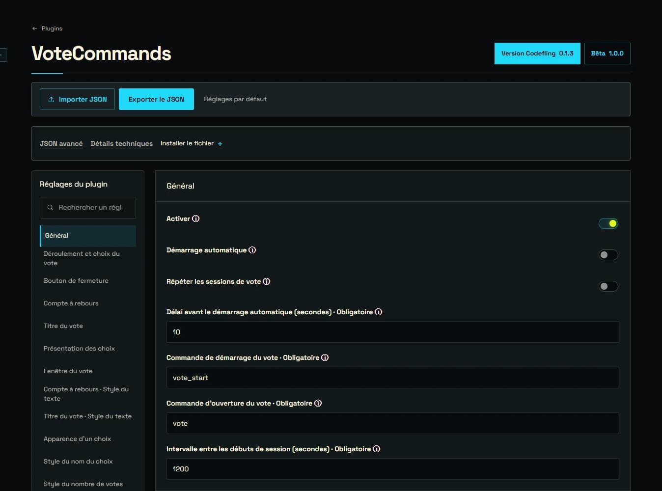 VoteCommands : import et export JSON, choix de version et réglages généraux.