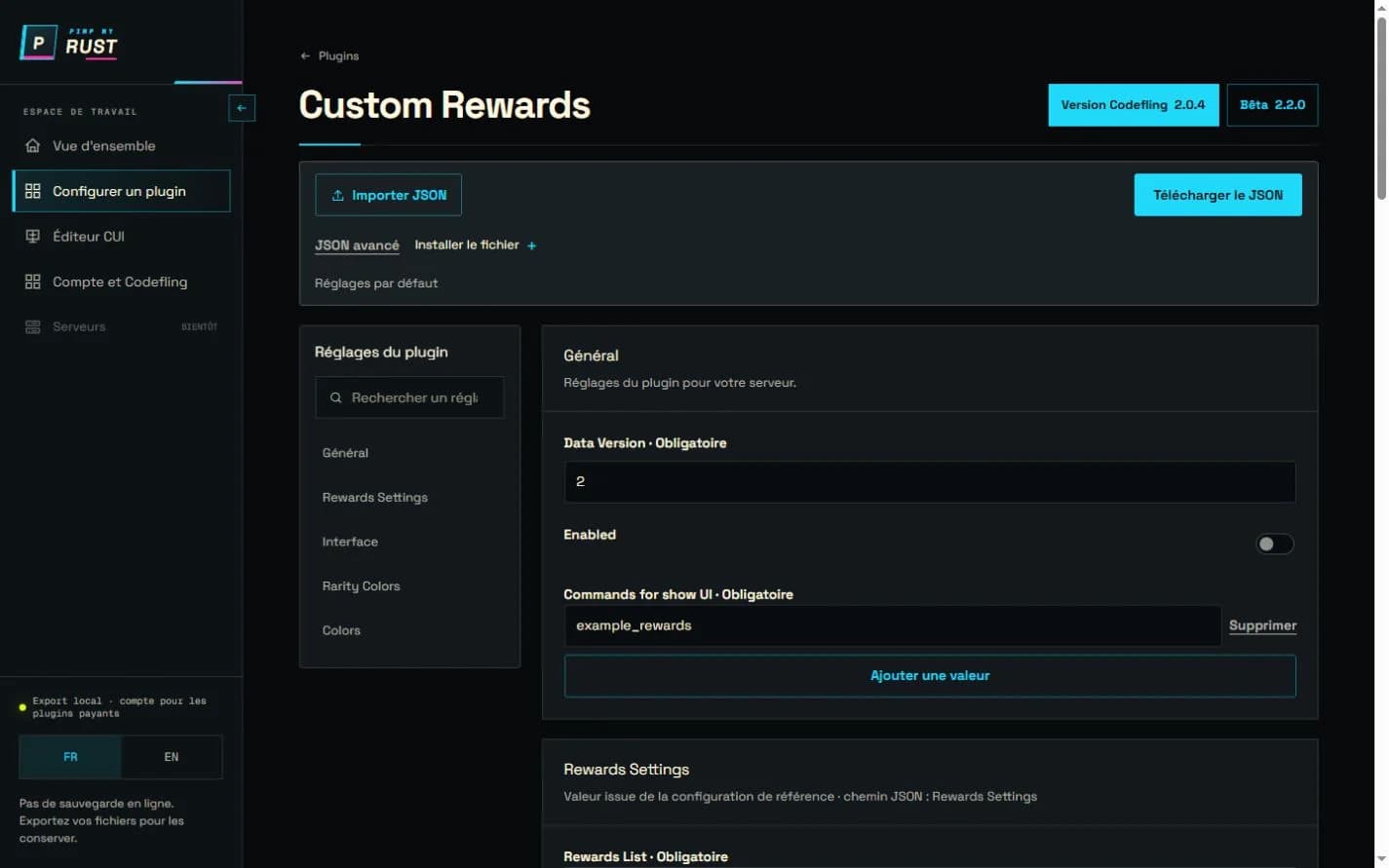 Écran de configuration de Custom Rewards dans le Hub PimpMyRust
