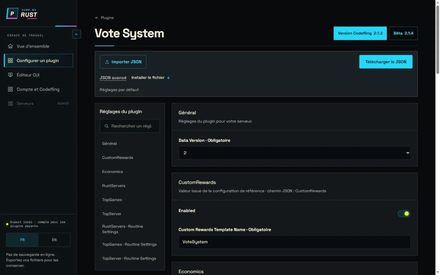 Écran de configuration de Vote System dans le Hub PimpMyRust