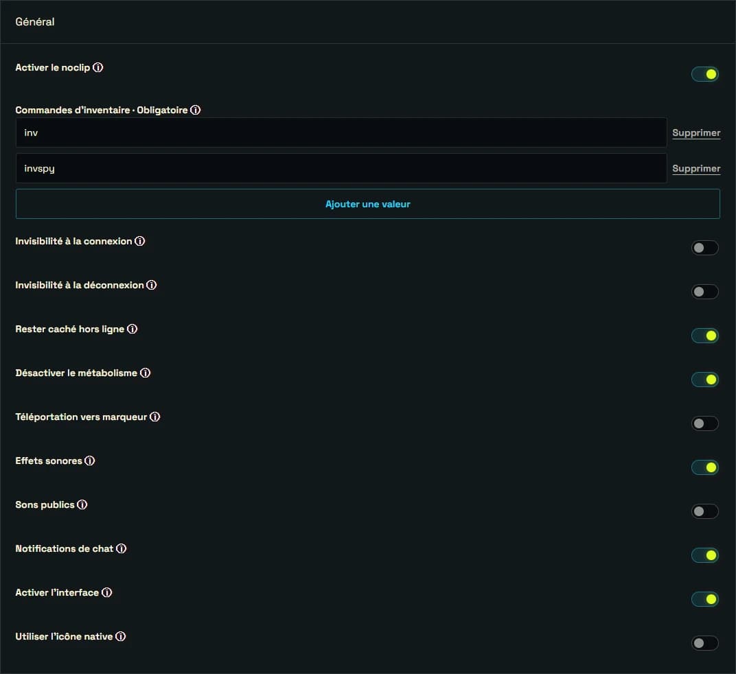 Réglages de Vanish dans le configurateur PimpMyRust