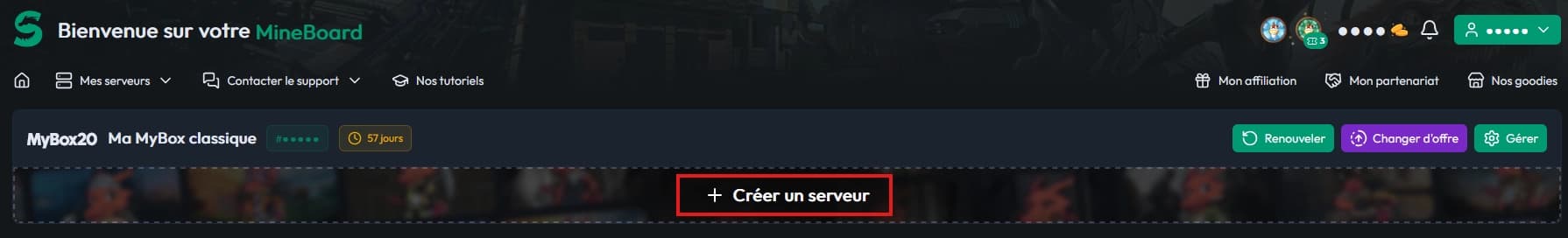 Action Créer un serveur et sélection MyBox dans l’interface française officielle MineBoard