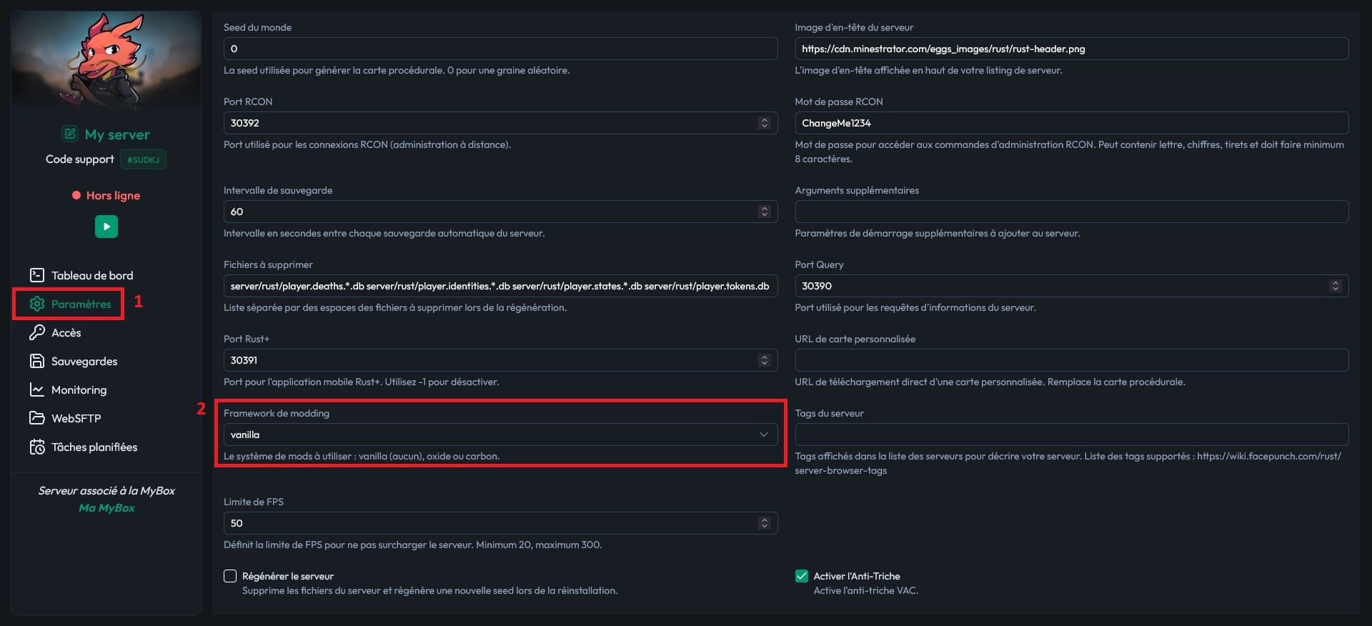 Paramètres MineBoard et sélecteur Framework de modding dans l’interface française officielle